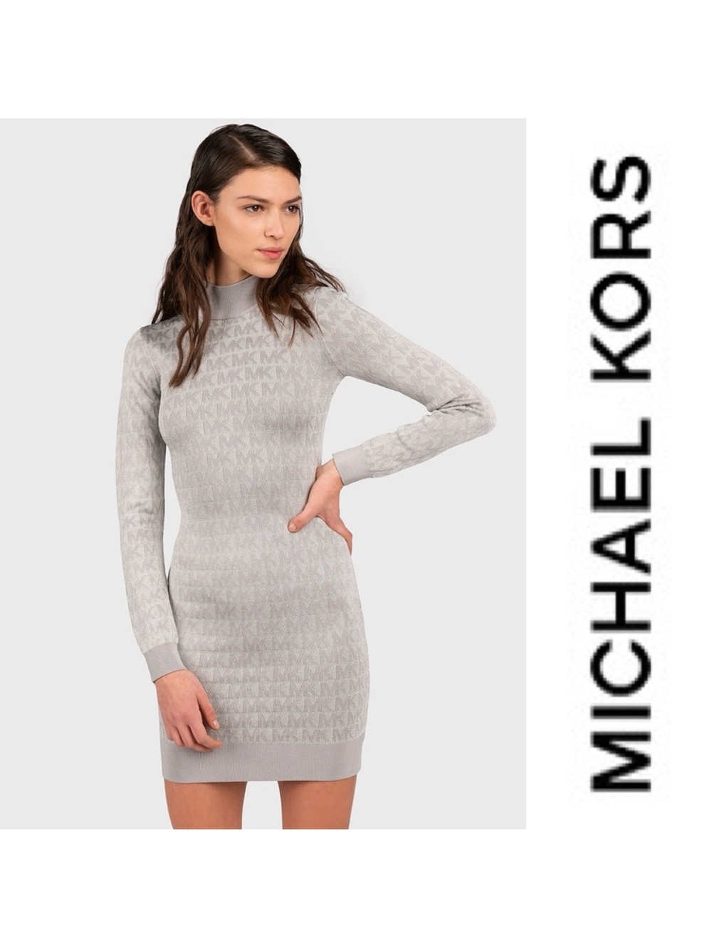 MICHAEL Michael Kors Light Gray Logo-Jacquard Long Sleeve Knit Dress